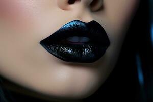 ai generado de cerca de mujer labios con negro lápiz labial brillante maquillaje foto