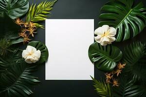 AI generated mockup white blank paper sheet with green tropical leaves and flowers top view on dark gray background, template empty card flat lay for design with copy space photo