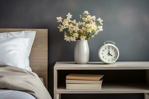 ai generado de madera cabecera mesa con un florero de blanco flores, libros y un alarma reloj, en contra un gris pared foto