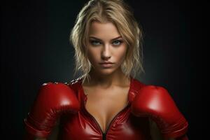 AI generated Gorgeous hot blonde in red leather jacket and red boxing gloves on a dark background photo