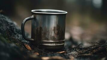 AI generated closeup of a metal old rusty mug in the forest photo