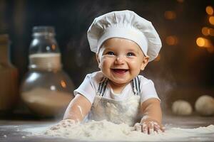 ai generado contento bebé en un blanco del chef sombrero Cocinando Dought en cocina en borroso antecedentes foto