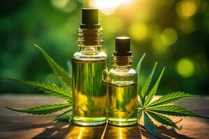 AI generated closeup of a bottle of cbd hemp cannabis oil and a marijuana leaf on blurred background, natural medicine and cosmetics photo