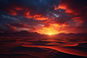 AI generated Bright colorful sunrise over the desert sands. Dunes at dawn photo