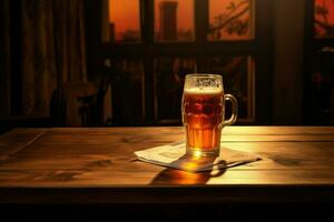 ai generado un vaso de cerveza en un de madera mesa a noche, un vaso de cerveza en un de madera mesa. ai generado foto