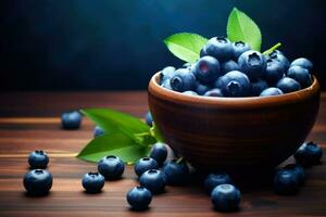 AI generated Fresh blueberries in a bowl on a wooden background, Blueberry banner. Bowl full of blueberries. Close-up food photography background Ai generated photo