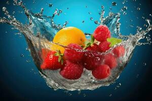 AI generated Fresh fruit splashing into clear water, Fresh fruits into clear water splash background Ai generated photo