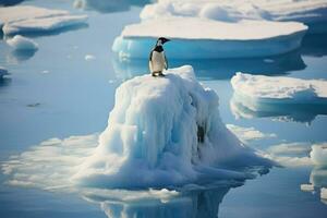 ai generado pingüino en hielo témpano de hielo antártico, pingüino flotador en el hielo témpano de hielo en el del Sur Oceano en Antártida en buscar de alimento, el efectos de global calentamiento ai generado foto