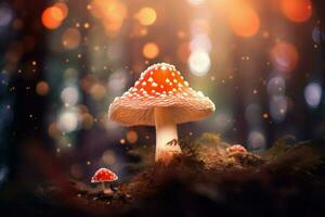 AI generated Fantasy mushroom with bokeh light in the forest at night 3d illustration of abstract background Ai generated photo