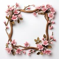 ai generado cuadrado marco hecho de seco árbol ramas con rosado flores en un blanco antecedentes foto