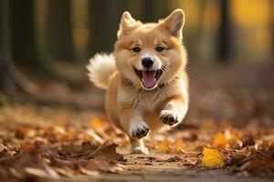 ai generado un hermosa mullido perrito carreras a lo largo un otoño bosque camino foto