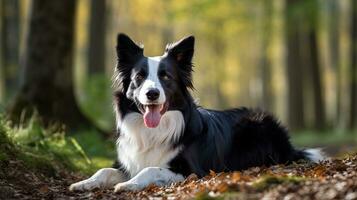 AI generated charming black and white border collie dog in the spring park photo