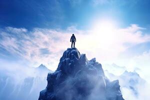 AI generated Rear view of a mountain climber standing on top of an ice mountain and looking at the rising sun photo