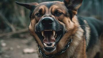 ai generado agresivo perro alemán pastor gruñendo y muestra dientes foto