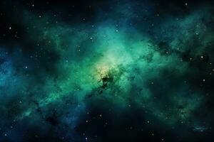 AI generated abstract space background nebula galaxy, universe in green and blue colors photo