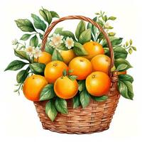 ai generado acuarela ilustración de maduro naranja frutas en un cesta en blanco antecedentes foto