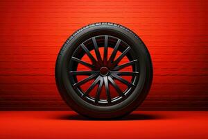 AI generated New car wheel with black metal alloy rim on a textured red background photo