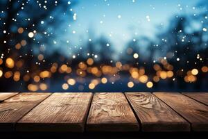 AI generated christmas template of empty dark wooden countertop or table blue and golden light bokeh background photo
