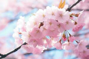 AI generated Cherry blossom flowers on bokeh background Banner with flowers on light pink background. Greeting card template for Weddings, mothers or Women's day. Ai generated photo