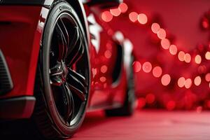 AI generated Bottom view of a luxury red car with new tires on black rims on a blurred background of red balloons photo