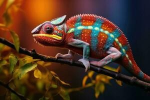 AI generated Colorful chameleon on a branch in the forest, Close up of bright chameleon on the branch on dark background, Ai generated photo