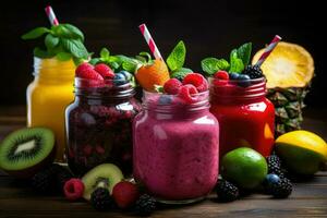 AI generated Fresh Fruit Smoothies In Glass Jars,Colorful smoothies in glass jars on a windowsill, with fruits in the foreground, AI generated photo
