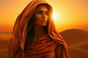 AI generated Portrait of a young Muslim woman in a hijab in the desert against the sunset, Arabian women face against the sunset Ai generated photo