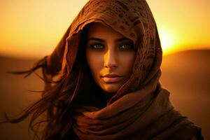 AI generated Portrait of a young Muslim woman in a hijab in the desert against the sunset, Arabian women face against the sunset Ai generated photo