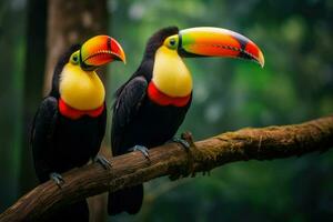 ai generado dos tucanes sentado en un rama en el selva, tucán tropical pájaro sentado en un árbol rama en natural fauna silvestre ambiente, ai generado foto