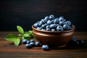 AI generated Fresh blueberries in a bowl on a wooden background, Blueberry banner. Bowl full of blueberries. Close-up food photography background Ai generated photo