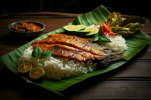 AI generated Rice with fish and vegetables on a banana leaf, Colorful Asian Traditional Meal on a Banana Leaf, Ai generated photo