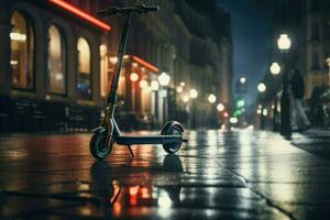 AI generated Electric scooter on a city night street, electric scooter in the city landscape, standing on the road, Electric scooter in the city, AI generated photo