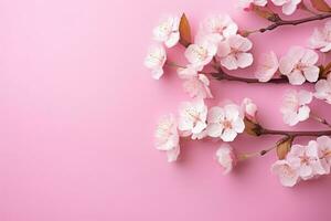 AI generated Cherry blossom flowers on pink background Banner with flowers on light pink background. Greeting card template for Weddings, mothers or Women's day. Ai generated photo