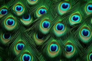 AI generated Peacock feather background, Abstract peacock feather, macro close up. Vivid exotic bird feather texture , Ai generated photo