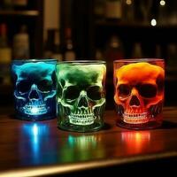 AI generated drink glasses in the shape of a skull in the bar in neon club lighting photo