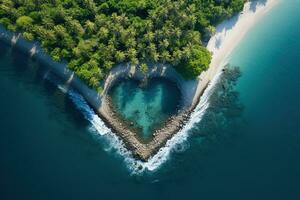 ai generado corazón conformado laguna en un paraíso tropical isla, aéreo ver foto