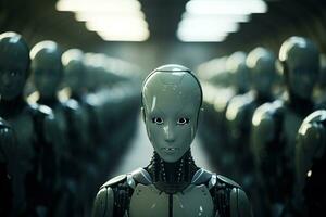 ai generado solitario triste androide, similar a un persona en un almacén entre el mismo convertido apagado robots foto