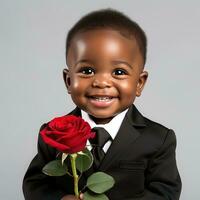 ai generado adorable sonriente pequeño bebé chico en un negro smoking participación un rojo Rosa en su manos, aislado en un blanco antecedentes foto