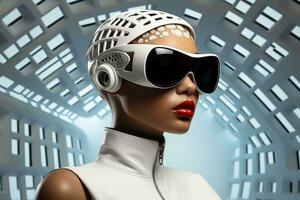 AI generated Young charming woman wearing futuristic virtual reality glasses on digital graphics corridor background photo