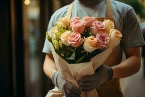 ai generado florista recoge un ramo de flores de hermosa rosas para entrega desde un flor tienda foto