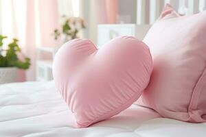 AI generated closeup soft pink heart shaped pillow on a white bed in light bedroom photo