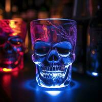 AI generated stylish drink glass in the shape of a skull in the bar in neon club lighting photo