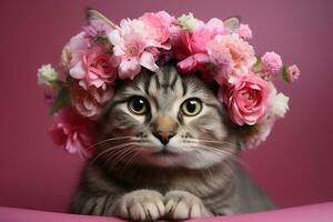 ai generado retrato de atigrado gato con flores guirnalda en cabeza en un rosado antecedentes foto