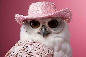 AI generated Close up portrait of a serious white owl in a pink hat on pink background photo