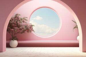 AI generated Architectural background. A pink wall with a large arched passage flanked by plants and a rounded window. photo