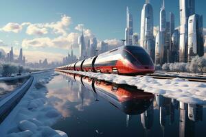 ai generado futurista grande del Norte paisaje urbano con un rojo tren corriendo a lo largo un agua canal entre blanco nieve foto