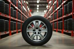 AI generated New car wheel with metal alloy rim in tire warehouse photo