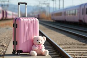 ai generado rosado viajeros maleta y osito de peluche juguete oso en un ferrocarril rodeado por trenes debajo un claro cielo foto