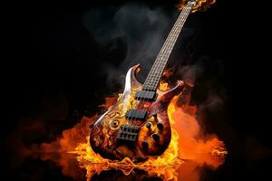 AI generated A diagonally lying orange bass guitar with curved patterns burns with a hot flame on a black background. Rock metal punk background photo