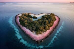 ai generado aéreo zumbido ver de tropical paraíso isla en corazón forma en rosado amanecer foto